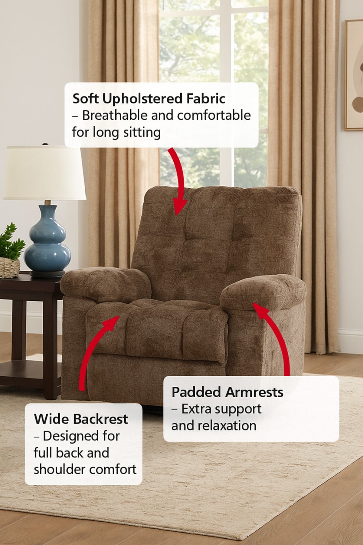 Brown Fabric Recliner Chair with Swivel, Rocking & Footrest Ð Comfortable Lounge Seating