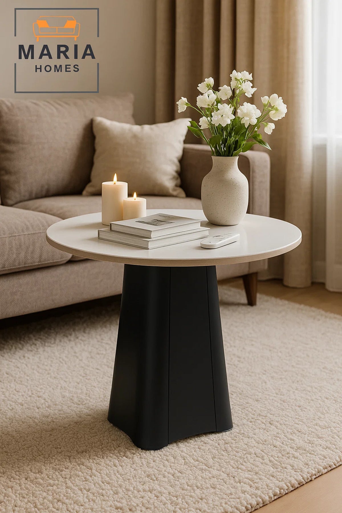Round White Top Side Table with Modern Black Tripod Base