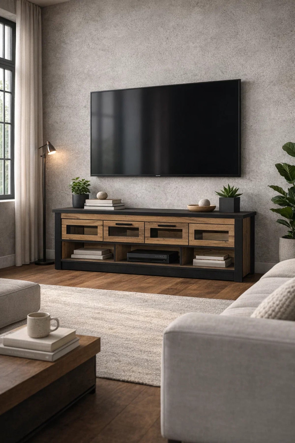 Walnut Oak TV Stand √ê 160x40x50 cm Modern Wooden Plasma Table with Drawers & Shelves