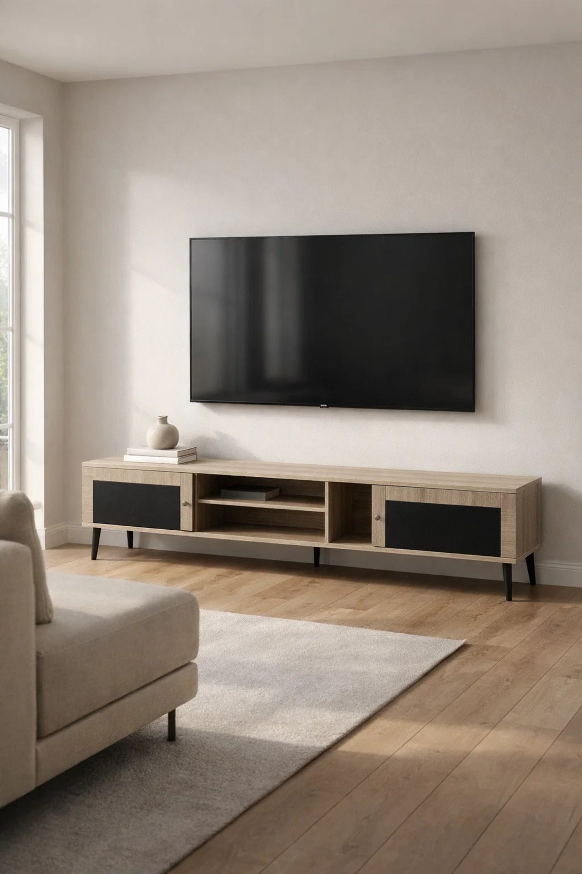 Beige & Black TV Stand √ê 200x40x45 cm Modern Plasma Table with Cabinets & Shelves