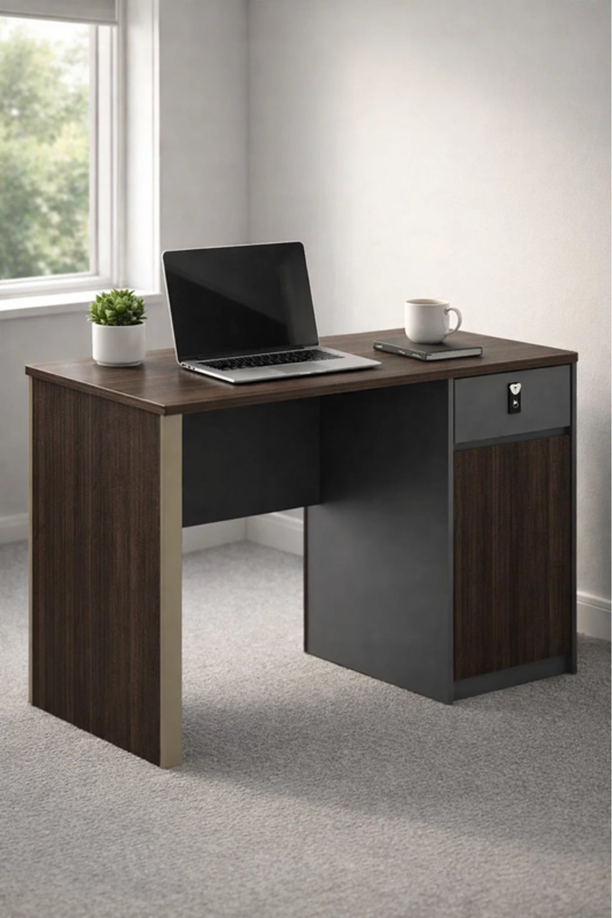 Modern Dark Brown Office Desk with Storage and Lockable Drawer