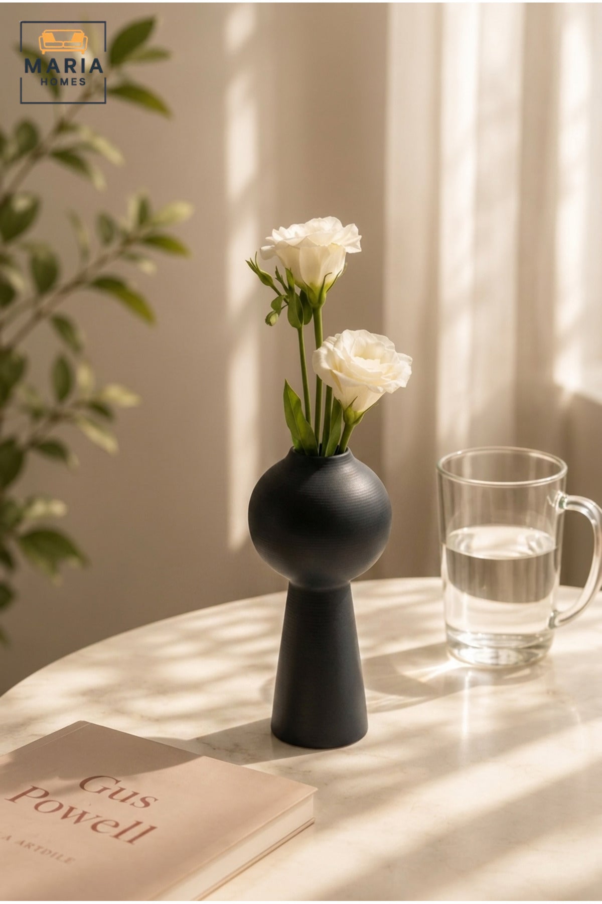 Modern Decorative Flower Vase with Sculptural Round Top, Tapered Base and Textured Finish for Living Room, Bedroom, Office, Shelf and Console Décor