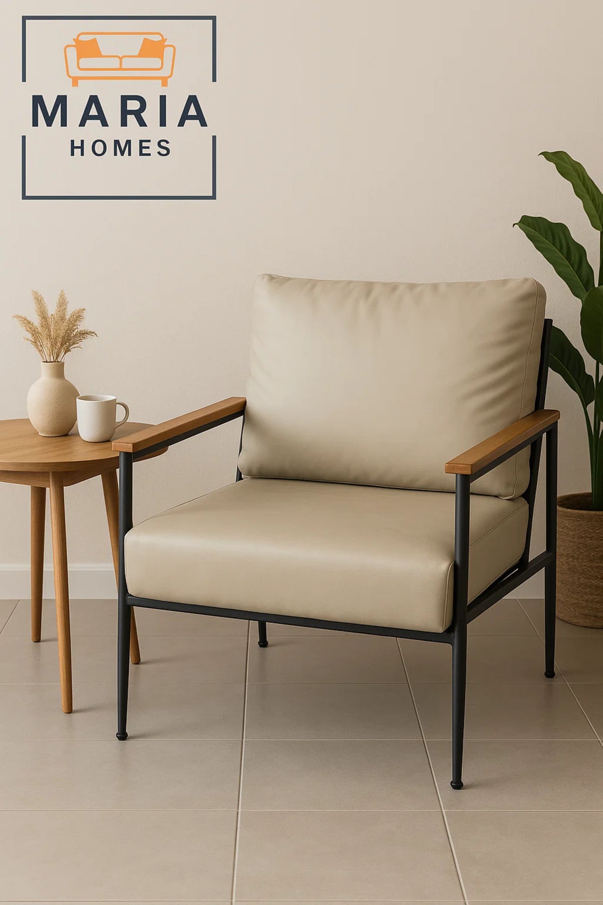 Beige Faux Leather Armchair Ð Modern Lounge Chair with Black Metal Frame and Wooden Armrests