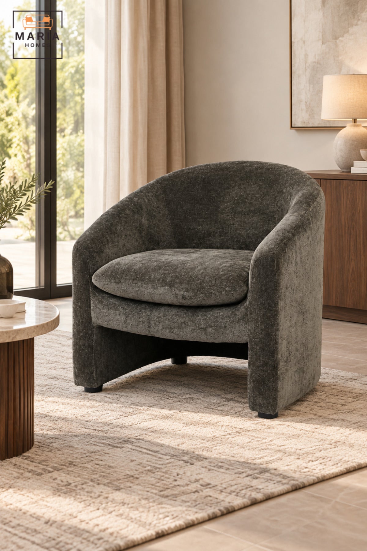Modern Dark Grey Fabric Accent Chair with Curved Backrest, Cushioned Seat and Integrated Armrests for Living Room, Bedroom, Lounge & Reception
