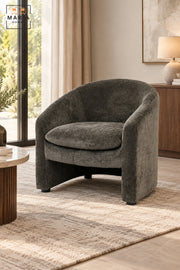 Modern Dark Grey Fabric Accent Chair with Curved Backrest, Cushioned Seat and Integrated Armrests for Living Room, Bedroom, Lounge & Reception