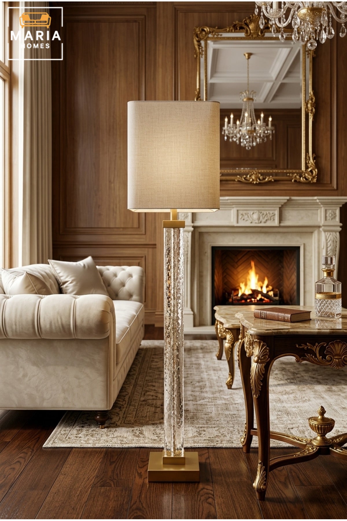 Modern Clear Glass Floor Lamp with Textured Tall Column, Gold Accents, Fabric Drum Shade and Square Base Standing Light for Living Room Bedroom Office