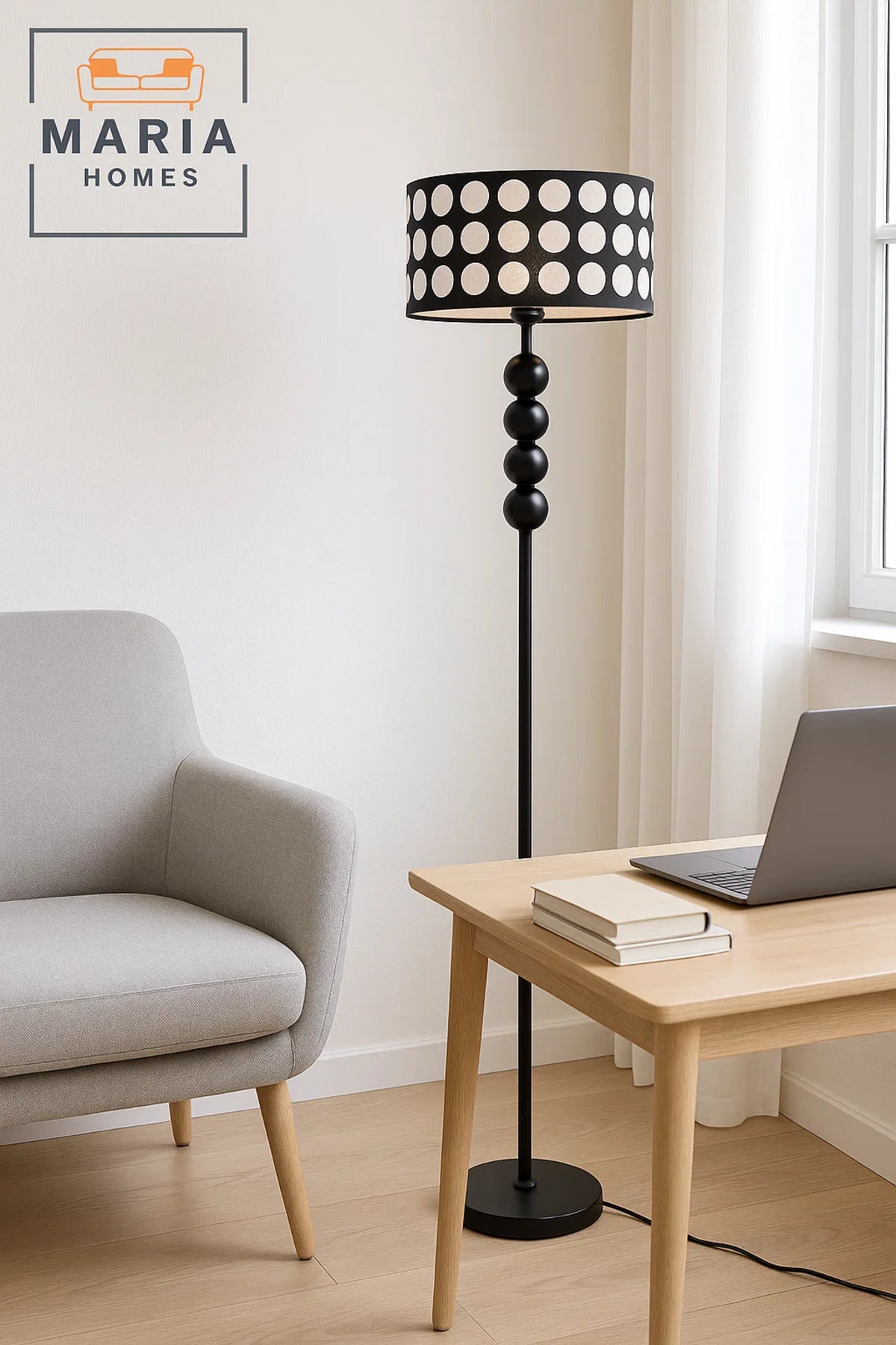Black Floor Lamp with Polka Dot Shade and Sphere Accent