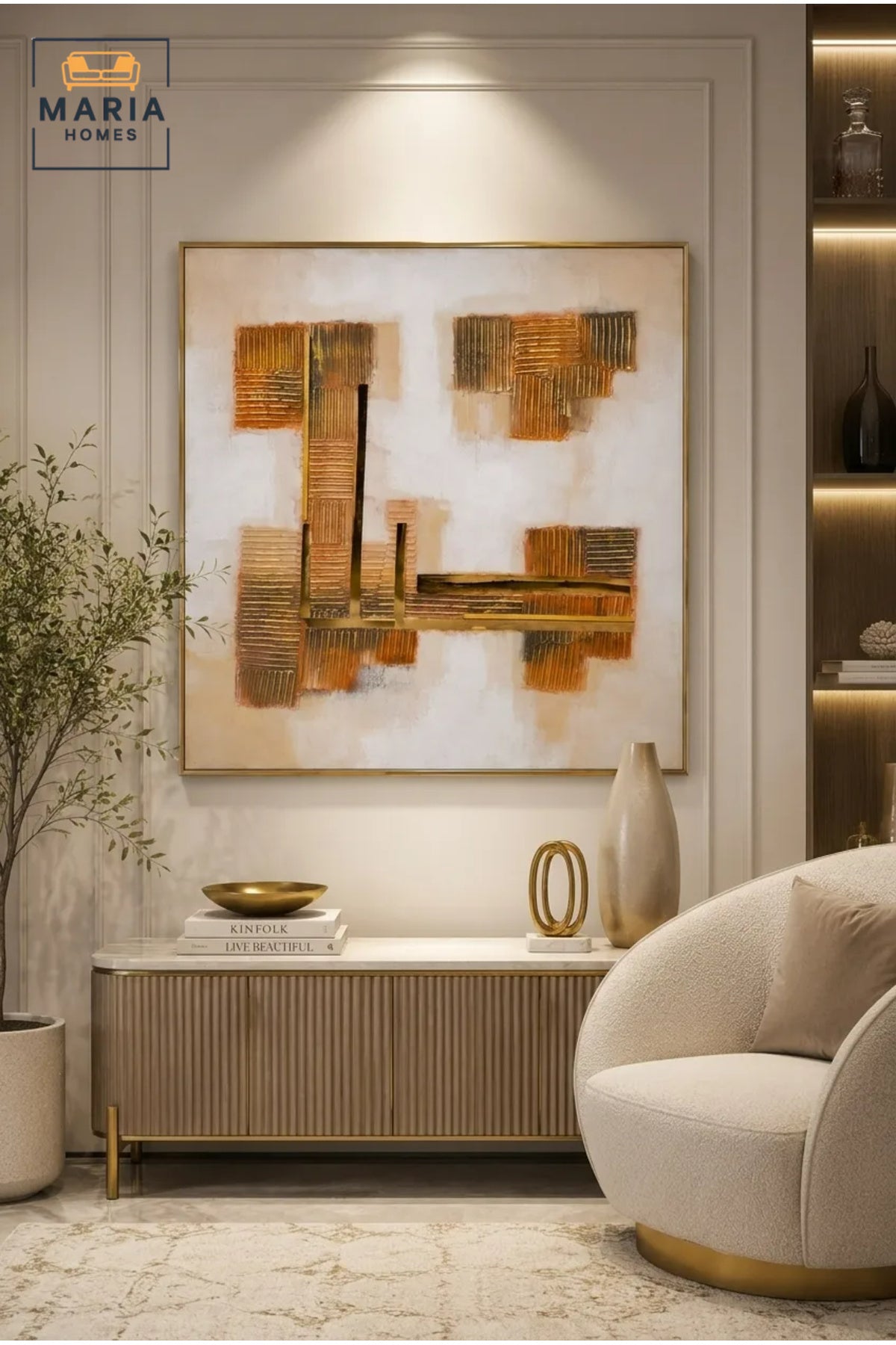 Modern Abstract Geometric Wall Art Ð Luxury Gold Textured Framed Canvas Artwork for Living Room, Bedroom & Office