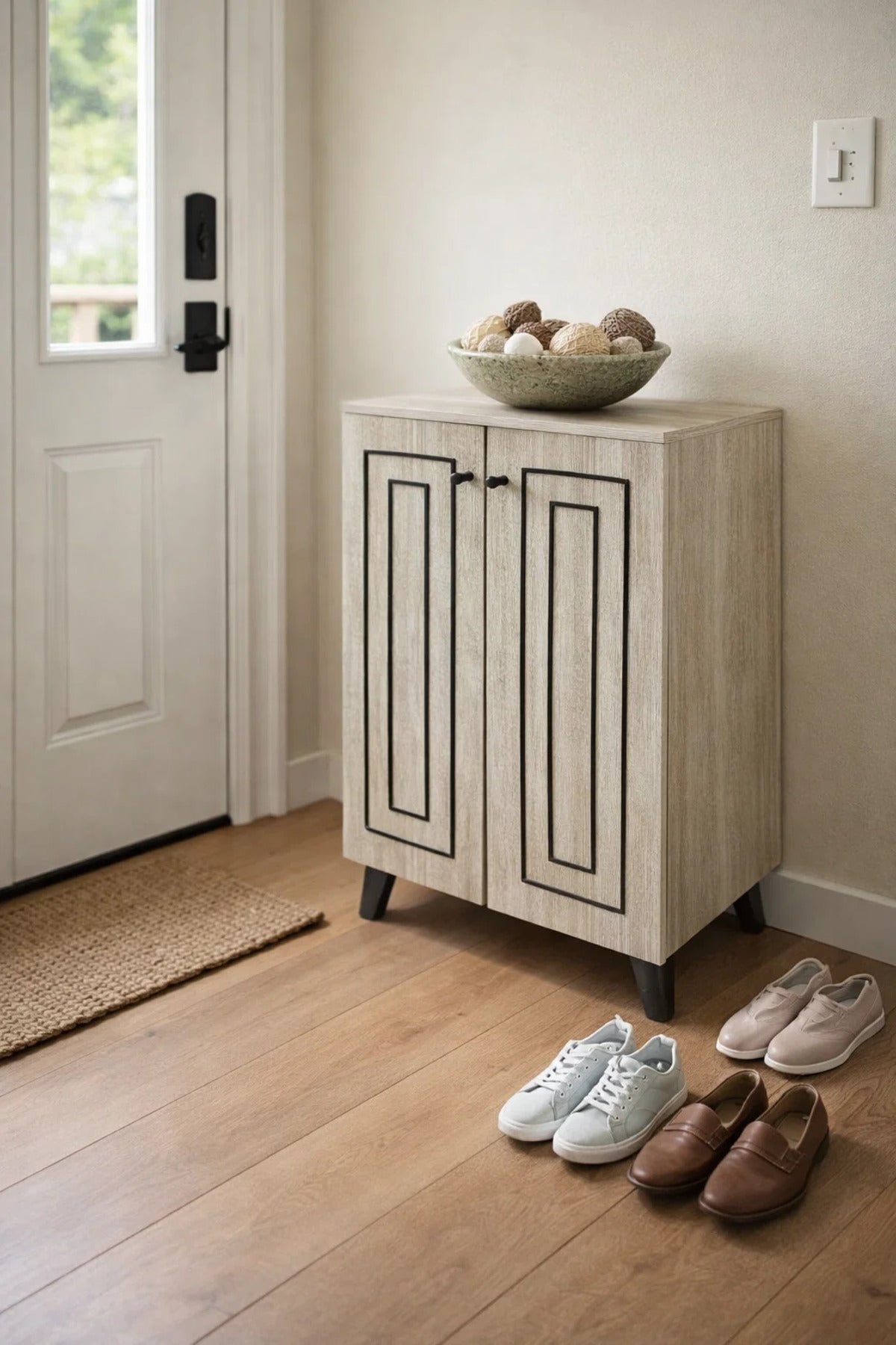 Elegant Beige Wood Shoe Cabinet Two Door Storage Rack Stand for Hallway Entryway Modern Organizer