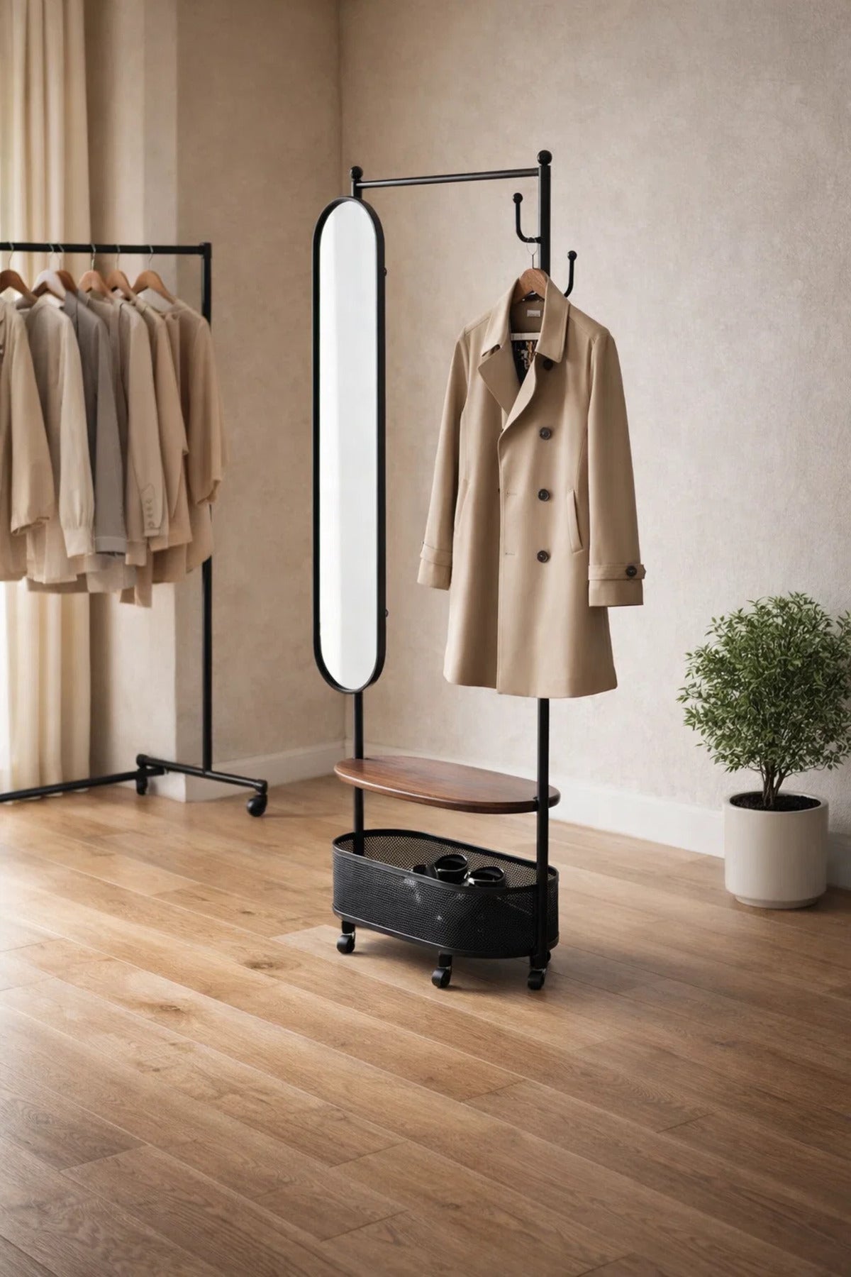 Modern Mobile Coat Rack Stand with Oval Mirror Shelf and Basket Storage for Hallway Organization