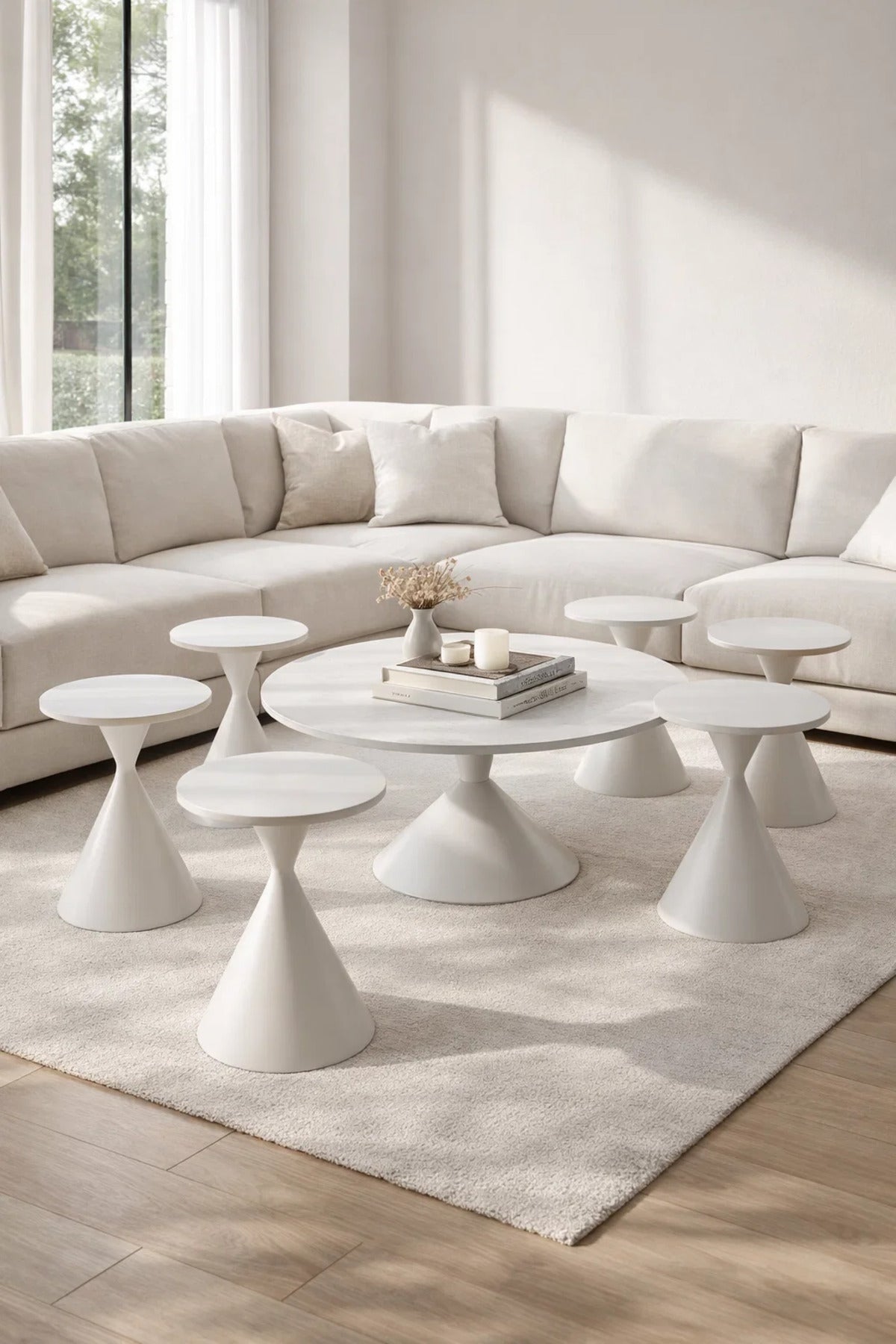Modern White Coffee Table Set 1+6 √ê 7 Pieces Round Center Table with 6 Side Tables