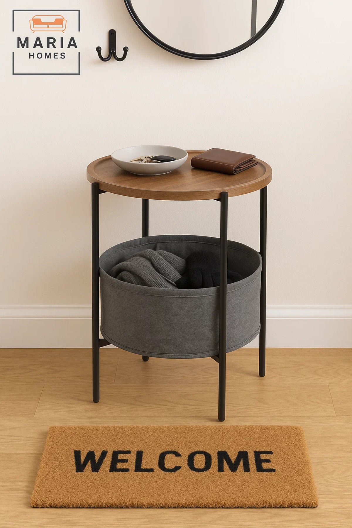 Compact Round Display Table with Dark Stone Finish and Short Black Legs