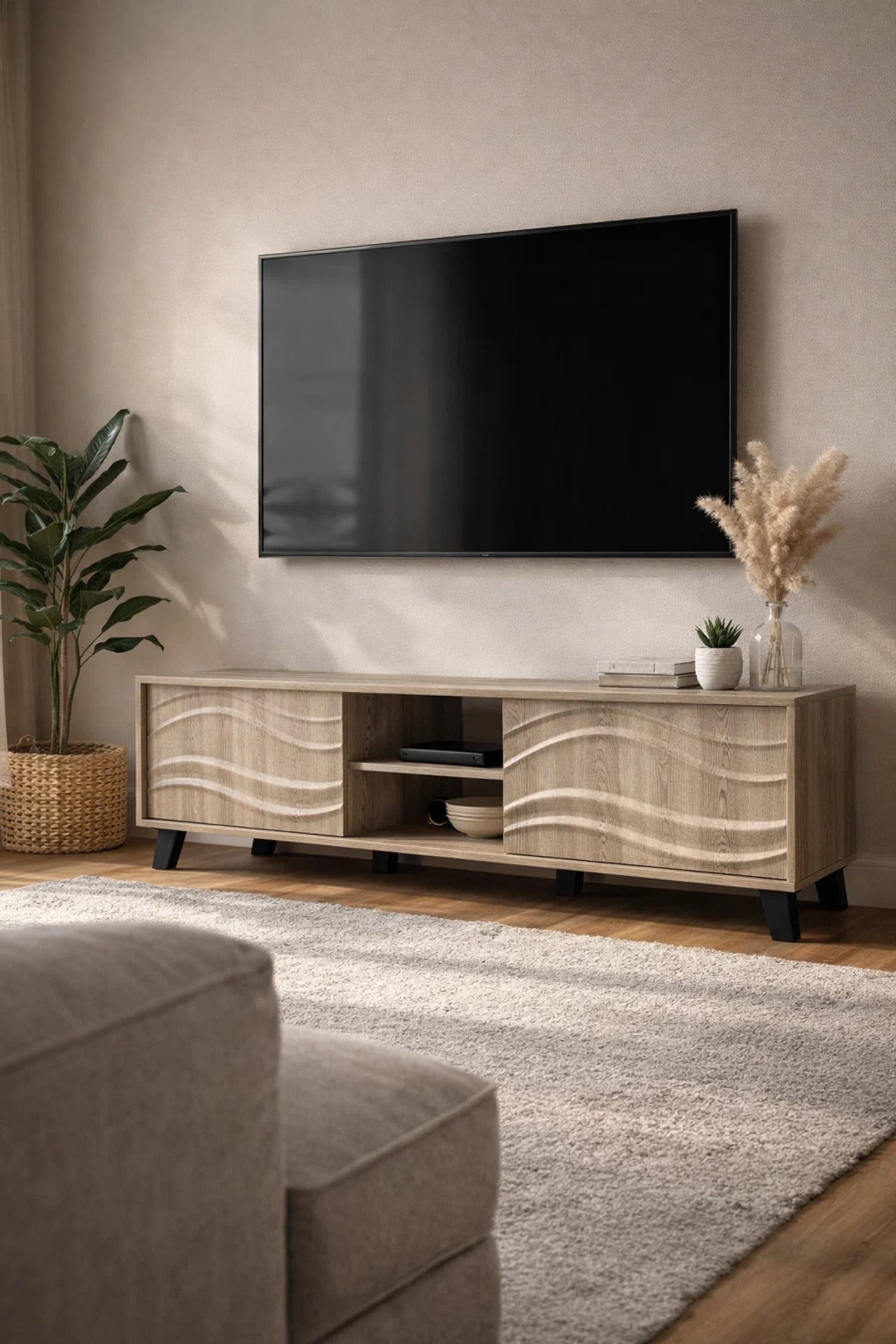 Modern Wooden TV Stand with Wave Panel Doors √ê Contemporary Entertainment Console
