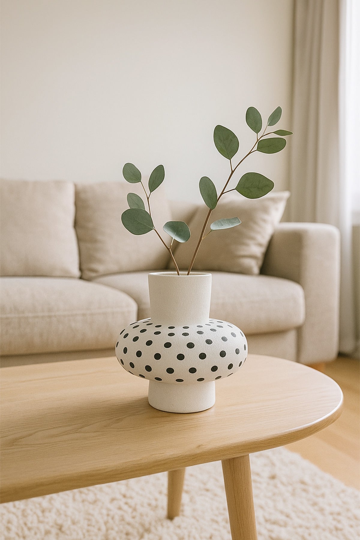Natural White Ceramic Vase with Black Dots Ð Wide Round Modern Decorative Vase
