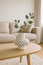 Natural White Ceramic Vase with Black Dots Ð Wide Round Modern Decorative Vase
