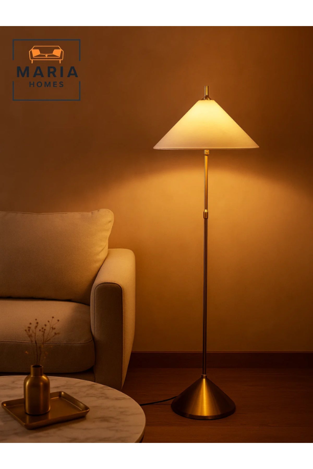 Modern Brass Floor Lamp with White Conical Shade Ð Minimalist Standing Light