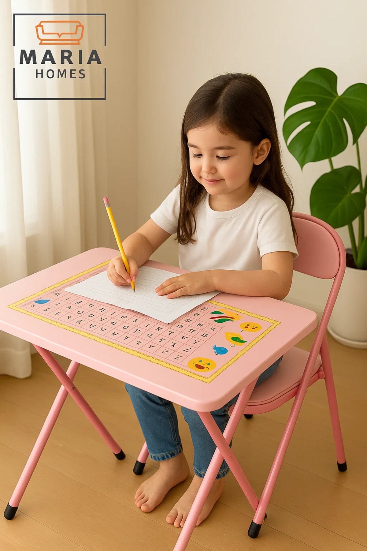 Pink Kids Study Table and Chair Set Ð Foldable Learning Desk with Alphabet Design