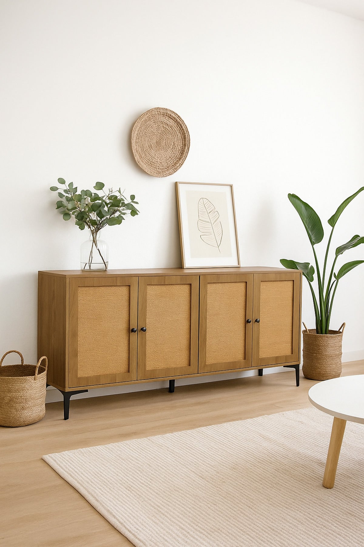Brown Rattan Console Table 160_40_85 cm Ð Modern Wooden 4-Door Storage Cabinet with Black Metal Legs