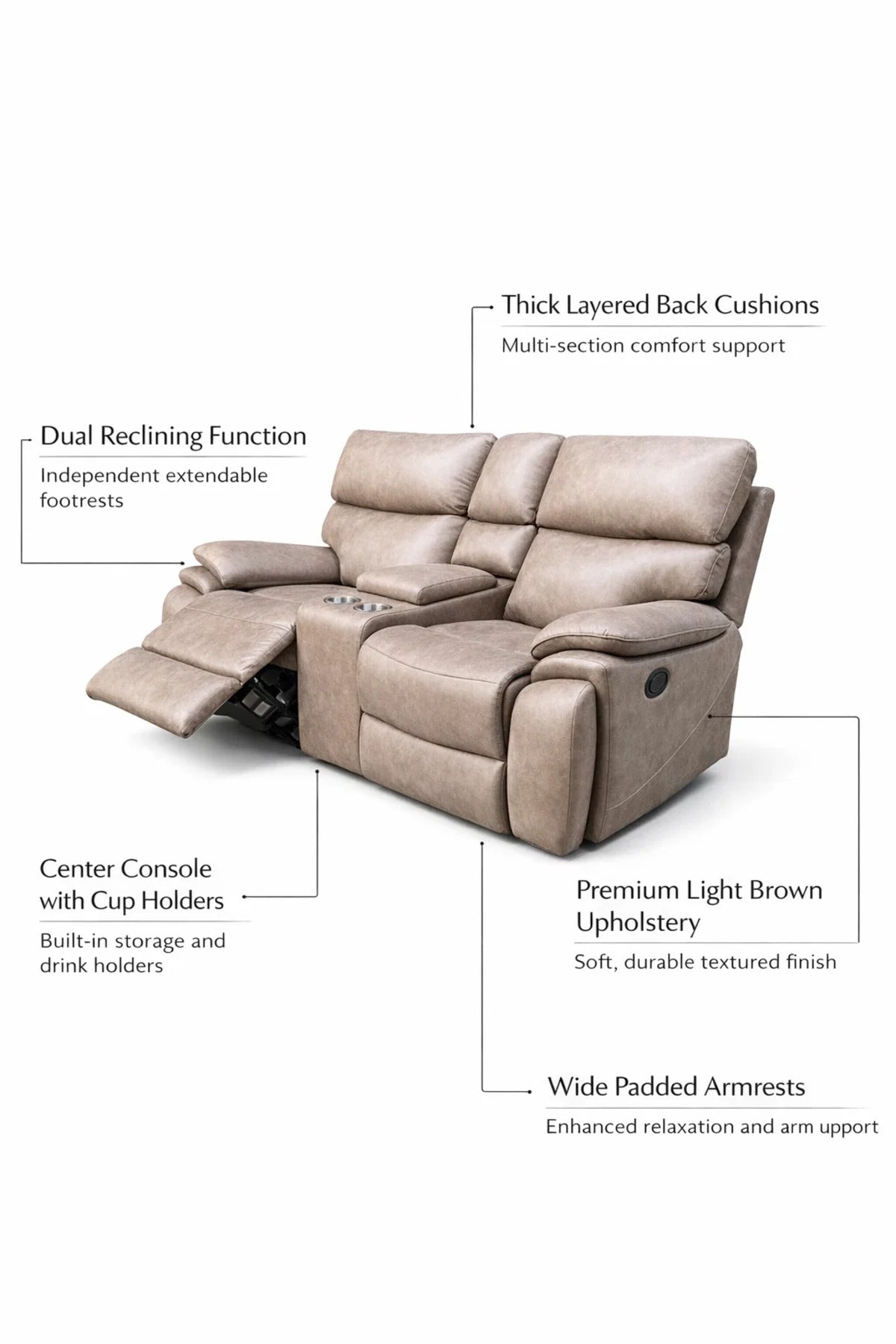 Premium Double Recliner Loveseat with Center Console Cup Holders Light Brown Home Theater Sofa