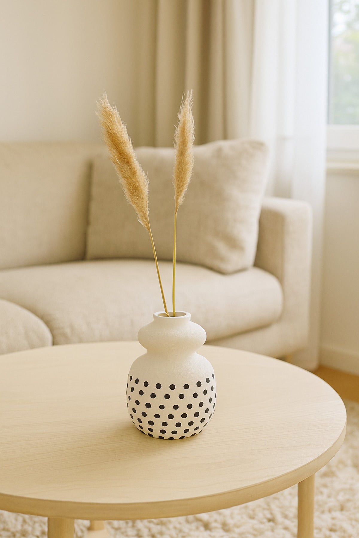 Natural White Ceramic Vase with Black Dots Ð Curvy Round Decorative Vase