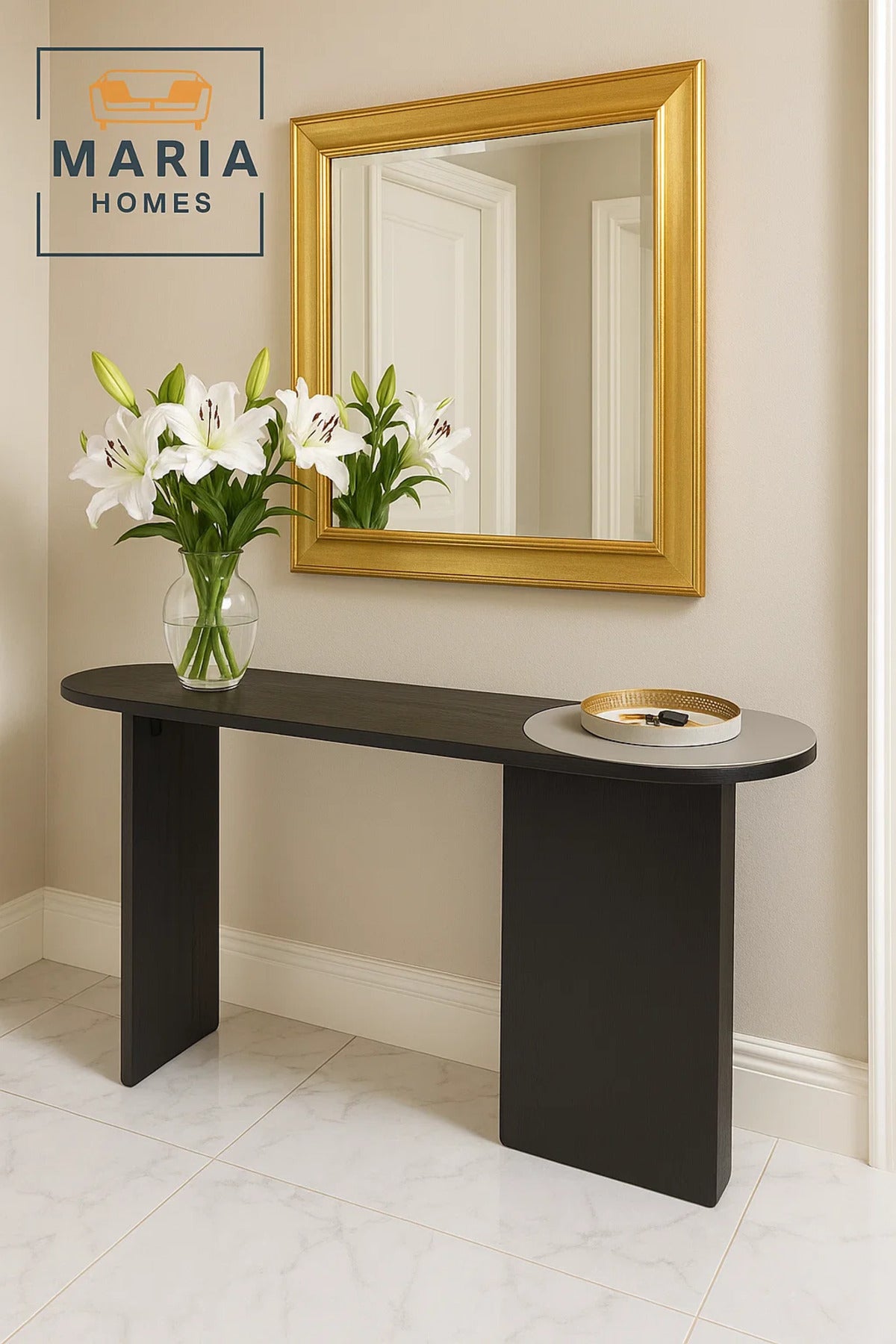 Black Half-Moon Console Table with White Marble Accent-size 160*40*80cm