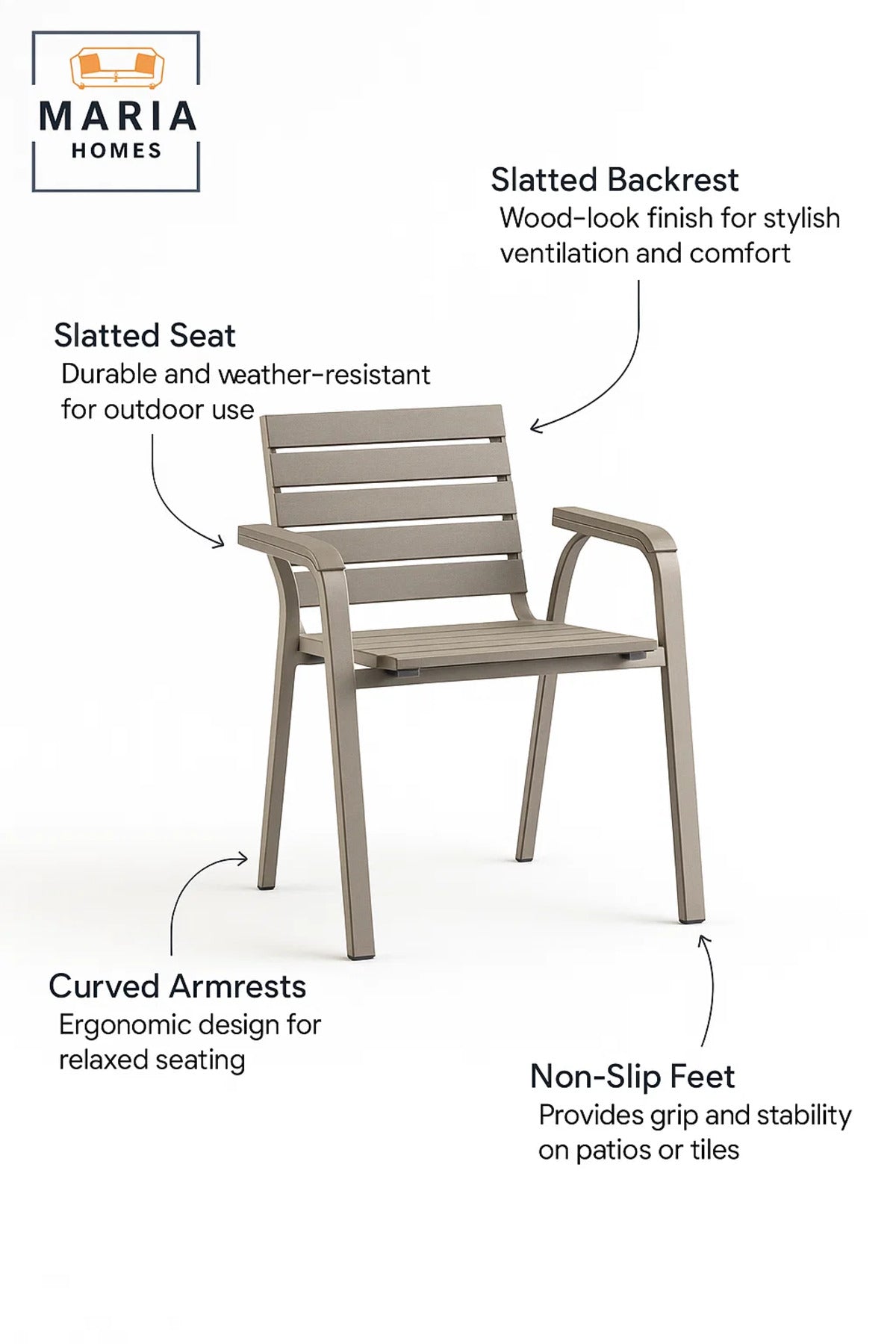 Light Grey Outdoor Dining Armchair Metal Frame Wooden Look Garden Balcony Durable Patio Chair