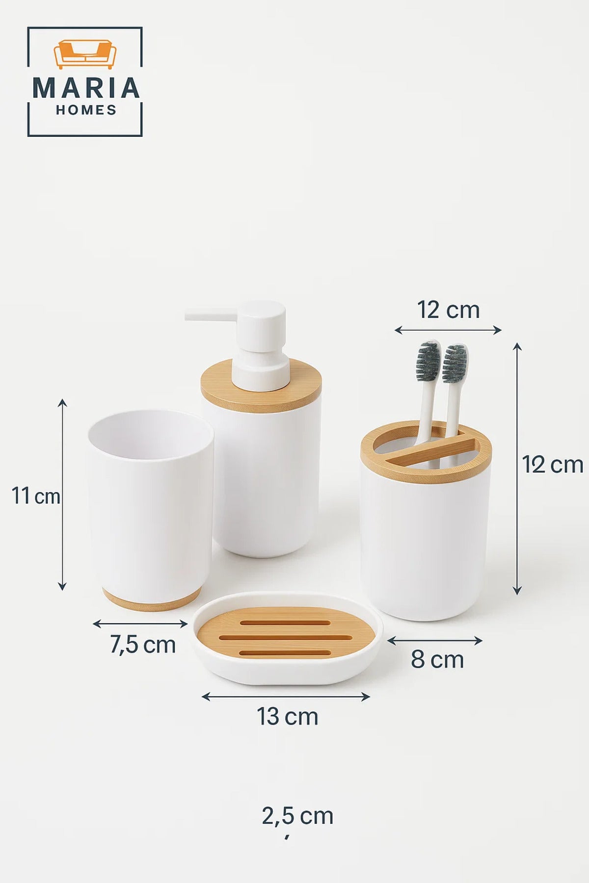 Modern White & Bamboo Bathroom Set Ð 4-Piece Soap Dispenser, Tumbler & Organizer