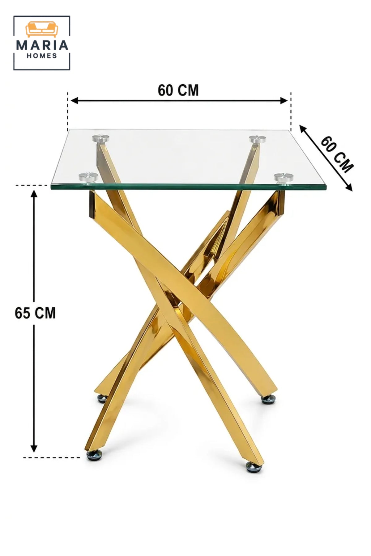 Modern Gold Glass Side Table √ê Square Tempered Glass End Table with Gold Metal Cross Base for Living Room, Bedroom & Lounge