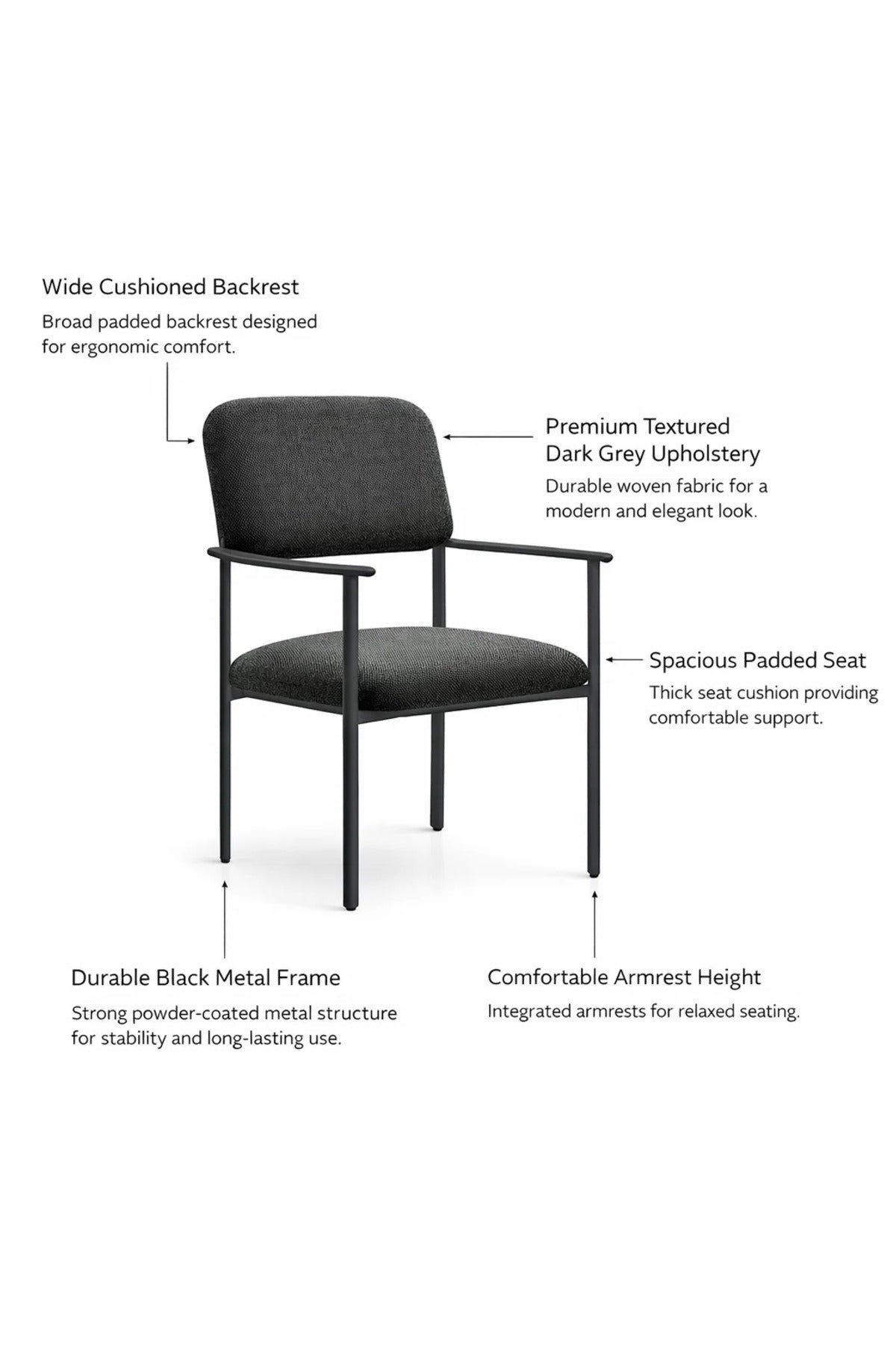 Modern Dark Grey Upholstered Dining Chair with Arms Black Metal Base for Home Office Decor