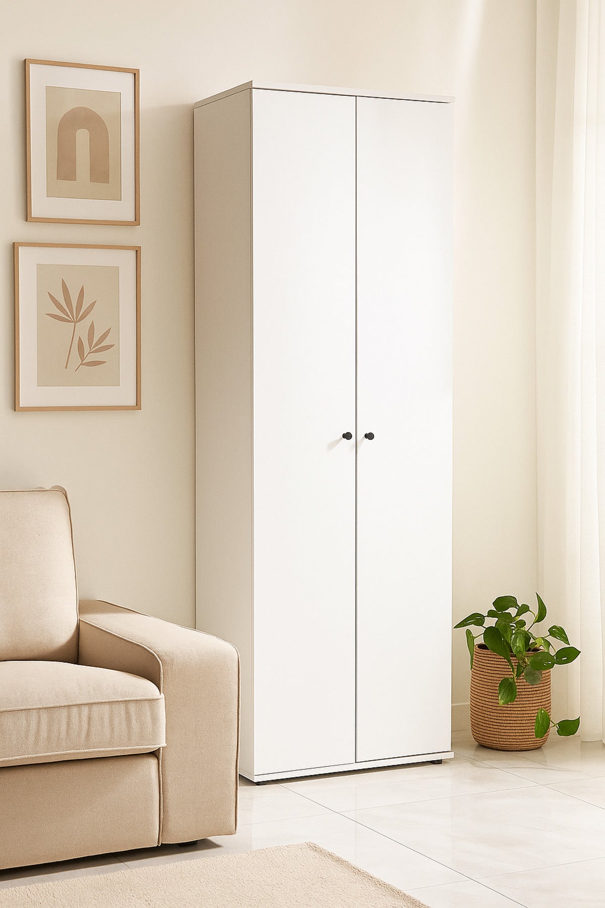 Modern White Wardrobe Cabinet √ê 196_62_36 cm | Sleek 2-Door Storage Cupboard for Bedroom or Office
