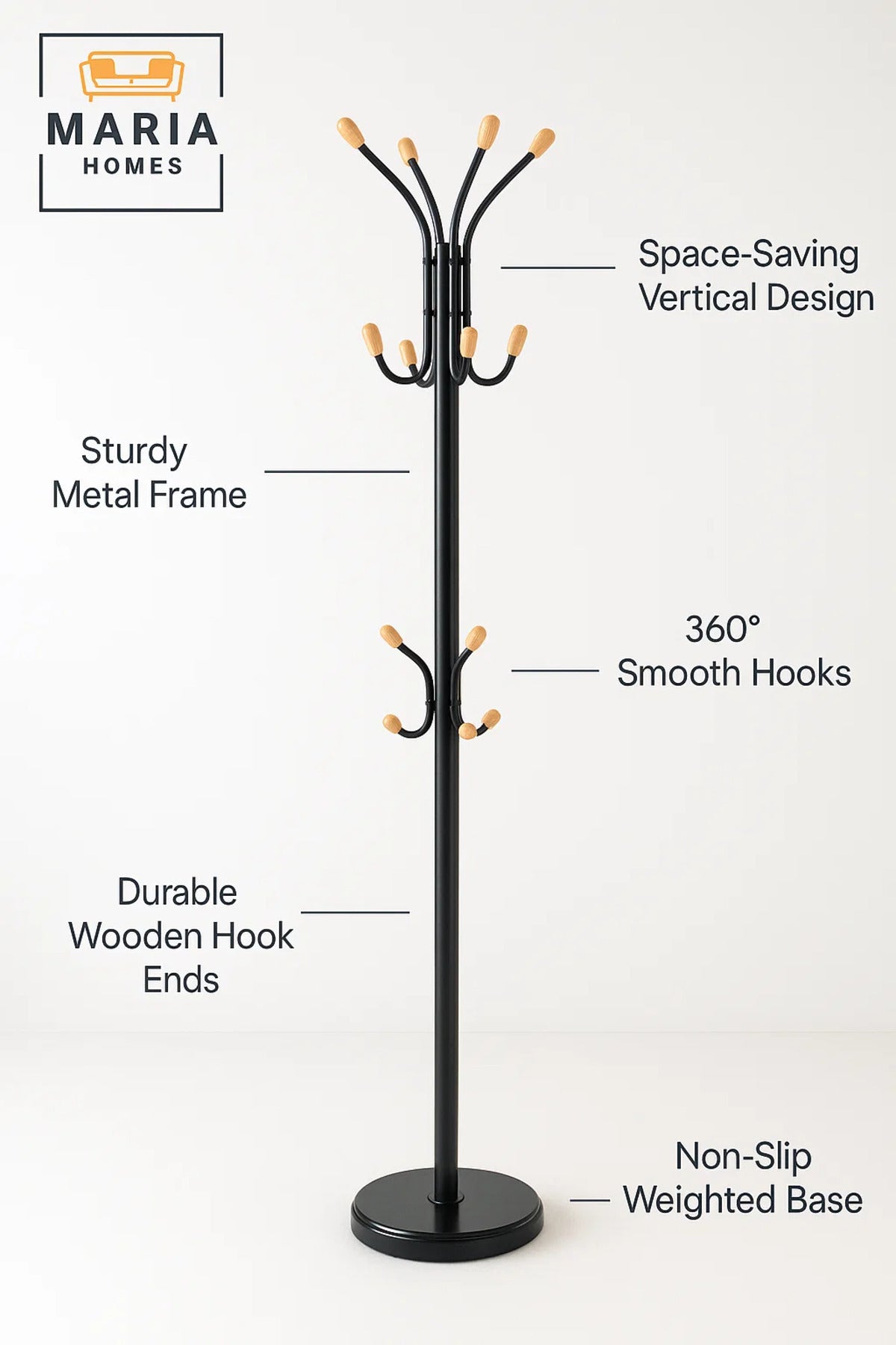 Metal Coat Rack Stand Ð Black Floor Clothes Hanger with Multi Hooks for Home and Office