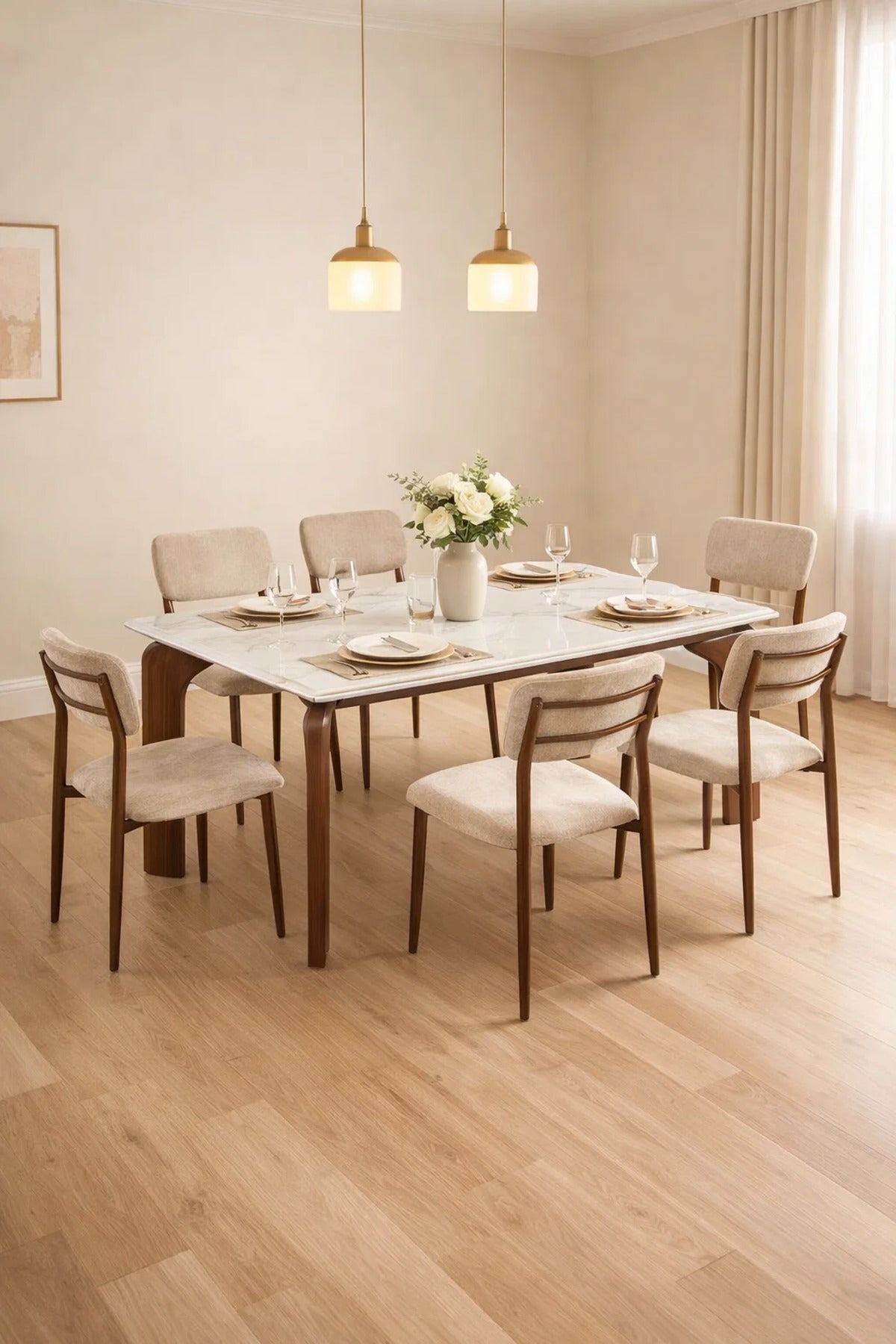 Stylish 6-Person Dining Table Set White Marble Pattern Top with Comfortable Beige Dining Chairs