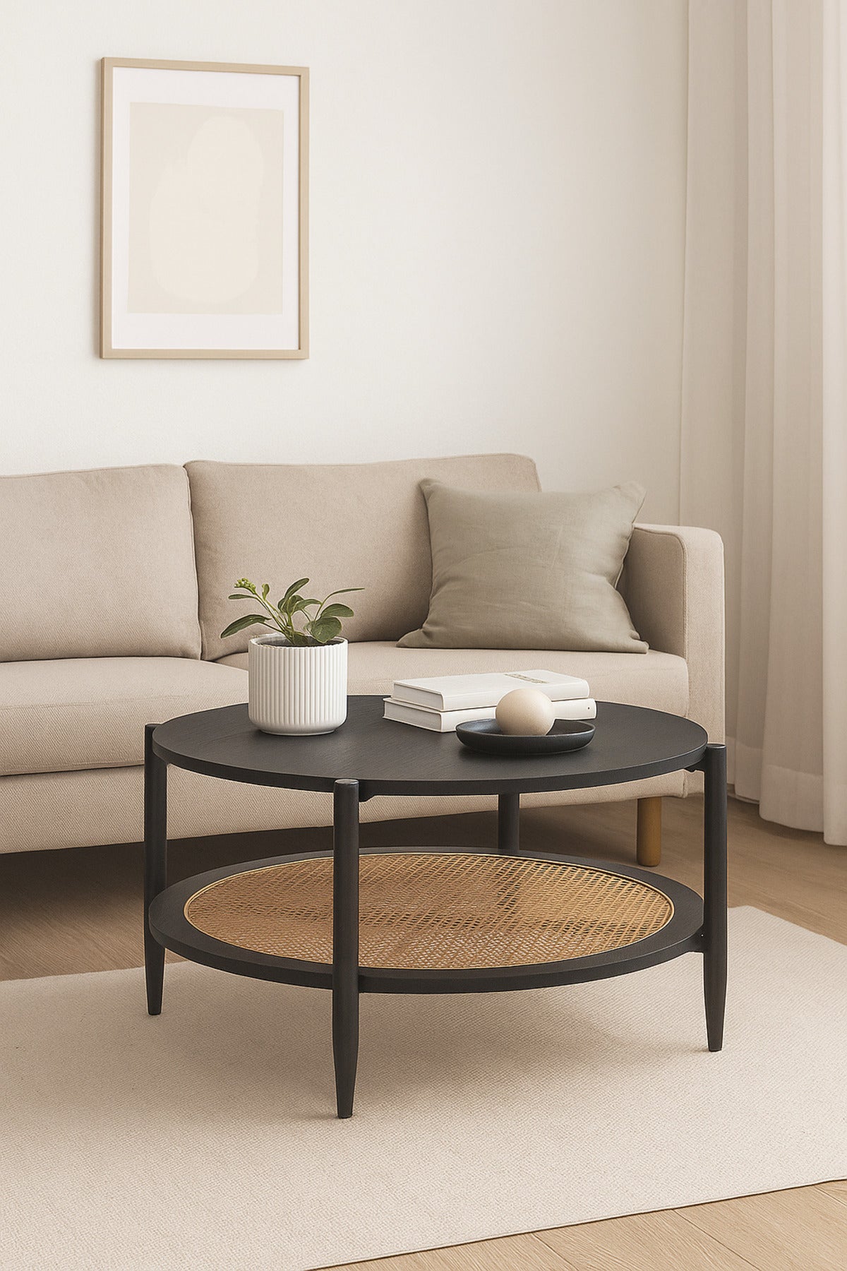 Round Black Coffee Table with Rattan Shelf Ð Modern Wooden Center Table for Living Room 100_45 cm