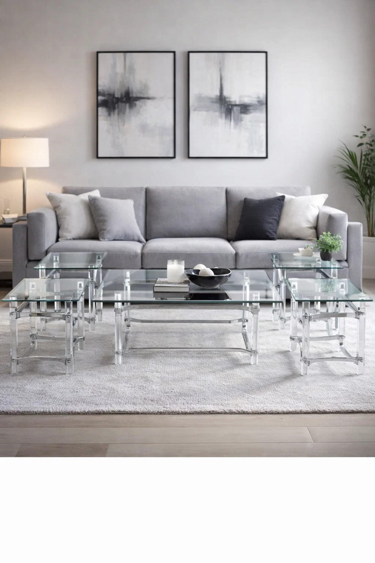 Premium Acrylic Center Table Set 1+4 with Glass Top and Silver Accents for Modern Living Room