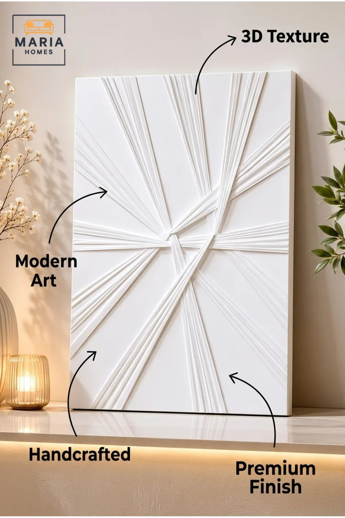 White Vertical Geometric Textured Wall Art √ê Modern Abstract Relief Decorative Artwork