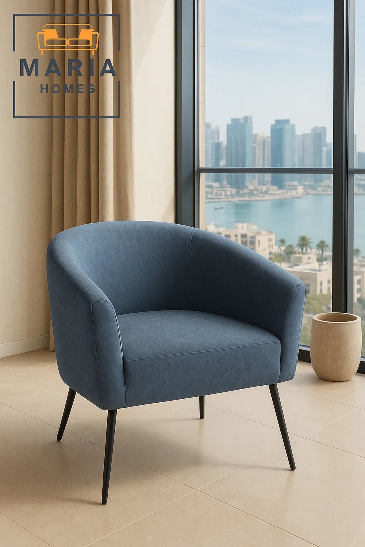 Blue Curved Arm Lounge Chair Ð Upholstered Accent Chair with Black Legs for Home, Office, or Lobby