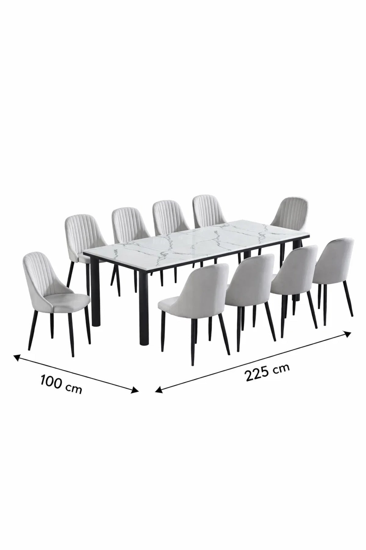 Luxury 11-Piece Dining Set featuring Marble Finish Table and Ten Grey Velvet Upholstered Chairs