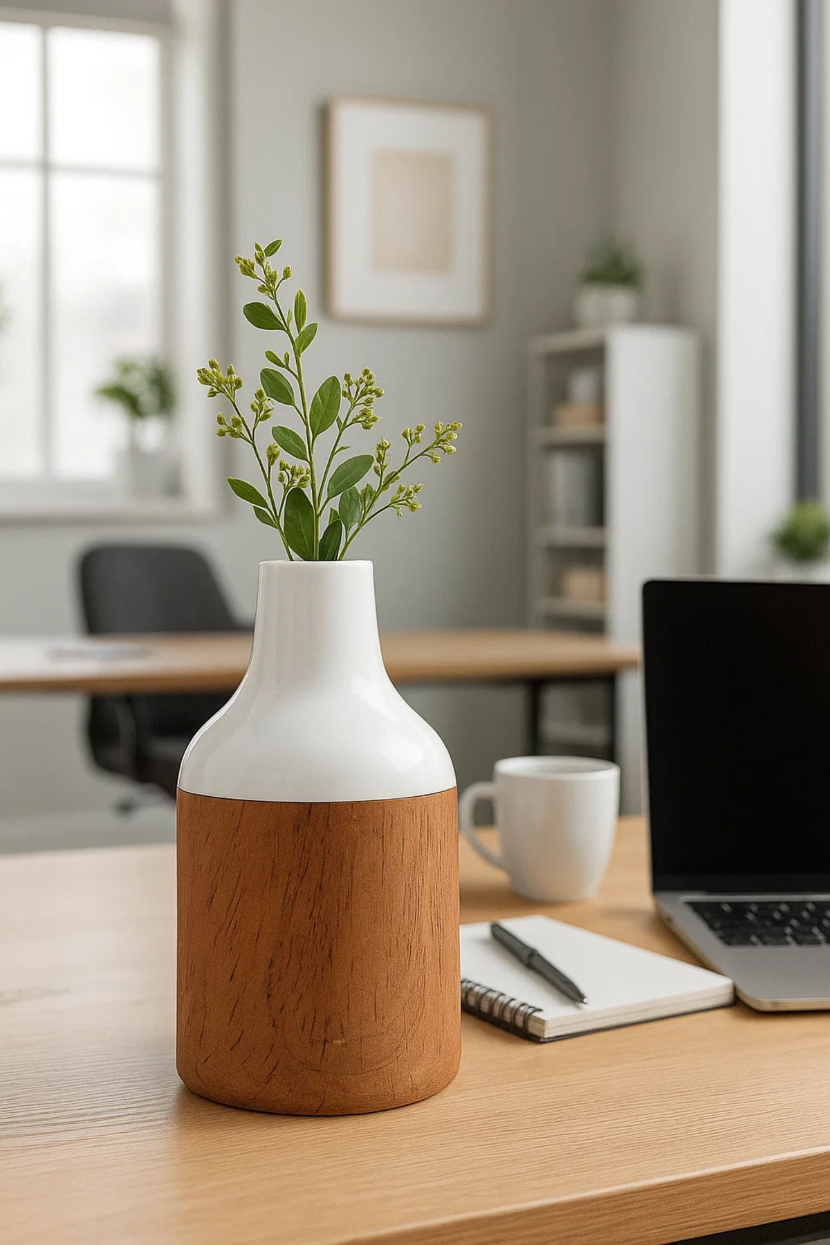 White and Cork Finish Ceramic Vase Ð Glossy Modern Decorative Flower Pot for Home and Office