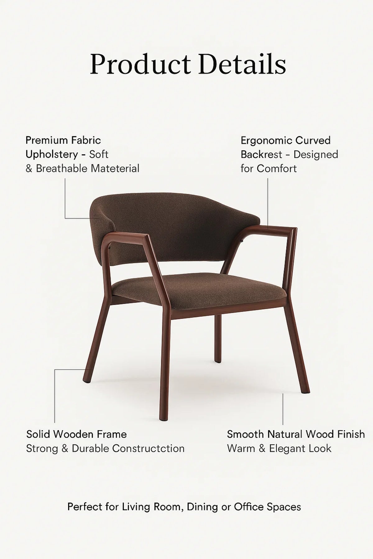 Modern Dining Chair with Wooden Frame & Armrests, Comfortable Accent Chair for Home & Office