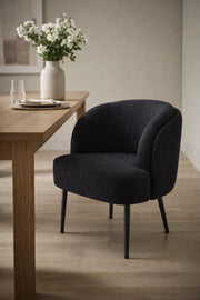 Black Boucle Fabric Dining Chair Modern Upholstered Armchair with Metal Legs for Living Room Use