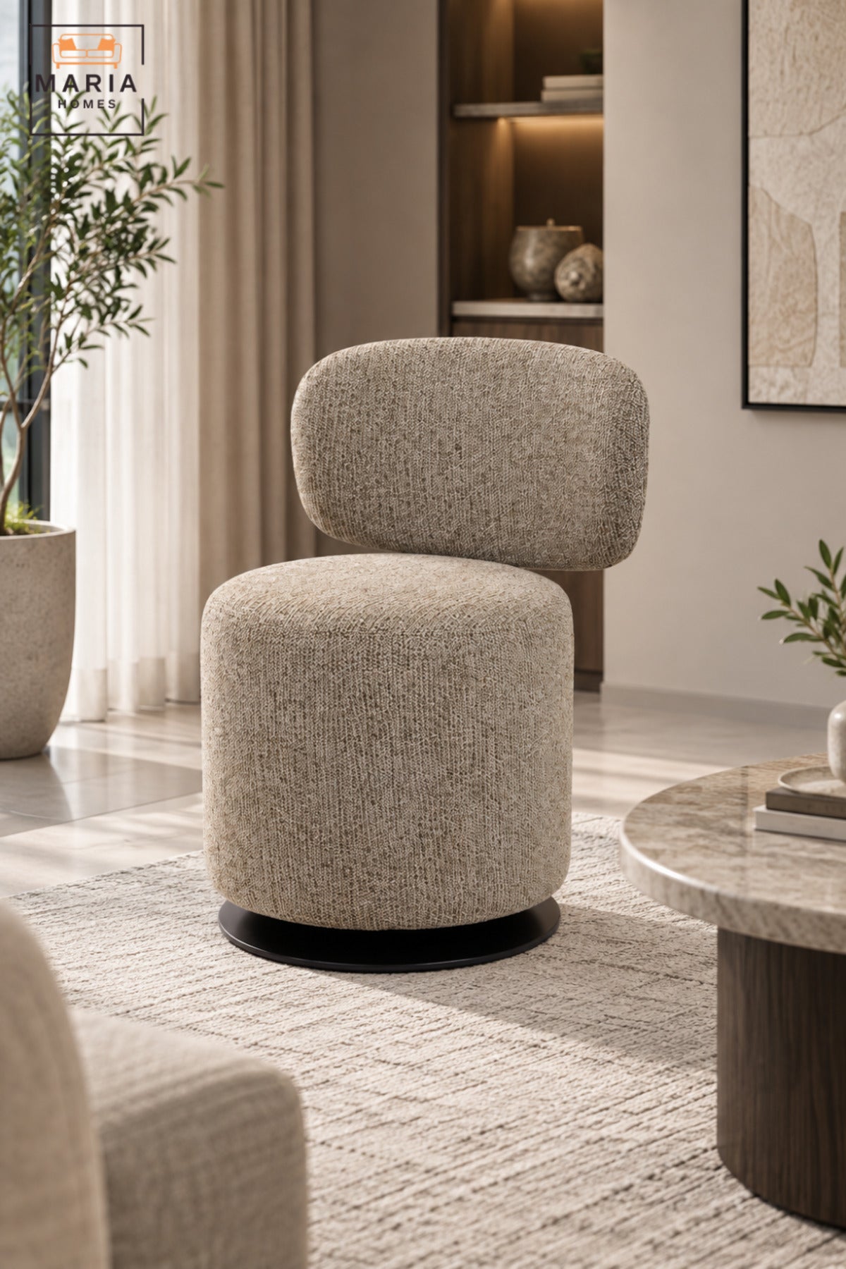 Modern 360° Swivel Arm Chair | Taupe Fabric Upholstered Accent Chair with Padded Seat, Curved Backrest & Black Round Base for Living Room