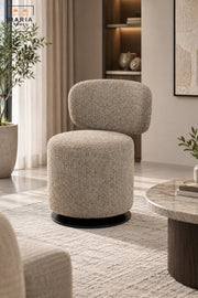 Modern 360° Swivel Arm Chair | Taupe Fabric Upholstered Accent Chair with Padded Seat, Curved Backrest & Black Round Base for Living Room