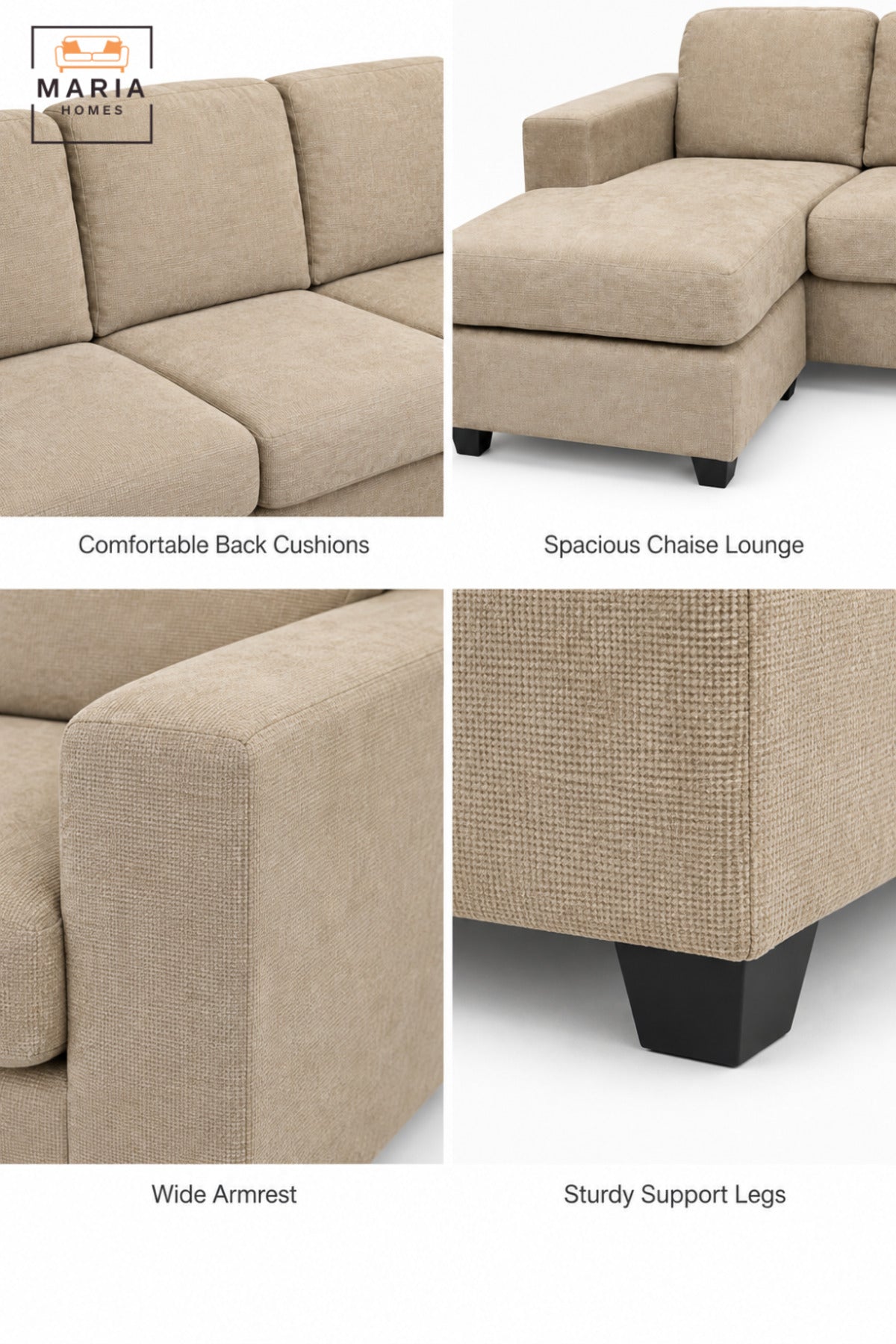 L-Shaped Beige Sectional Sofa with Left Chaise | 3-Seater Upholstered Couch with Deep Cushions, Wide Armrests & Modern Living Room Seating
