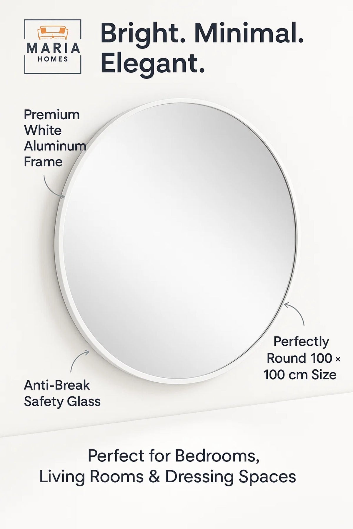 Round White Frame Wall Mirror for Bedroom, Bathroom, Vanity & Home D≈Ωcor 100x100 cm