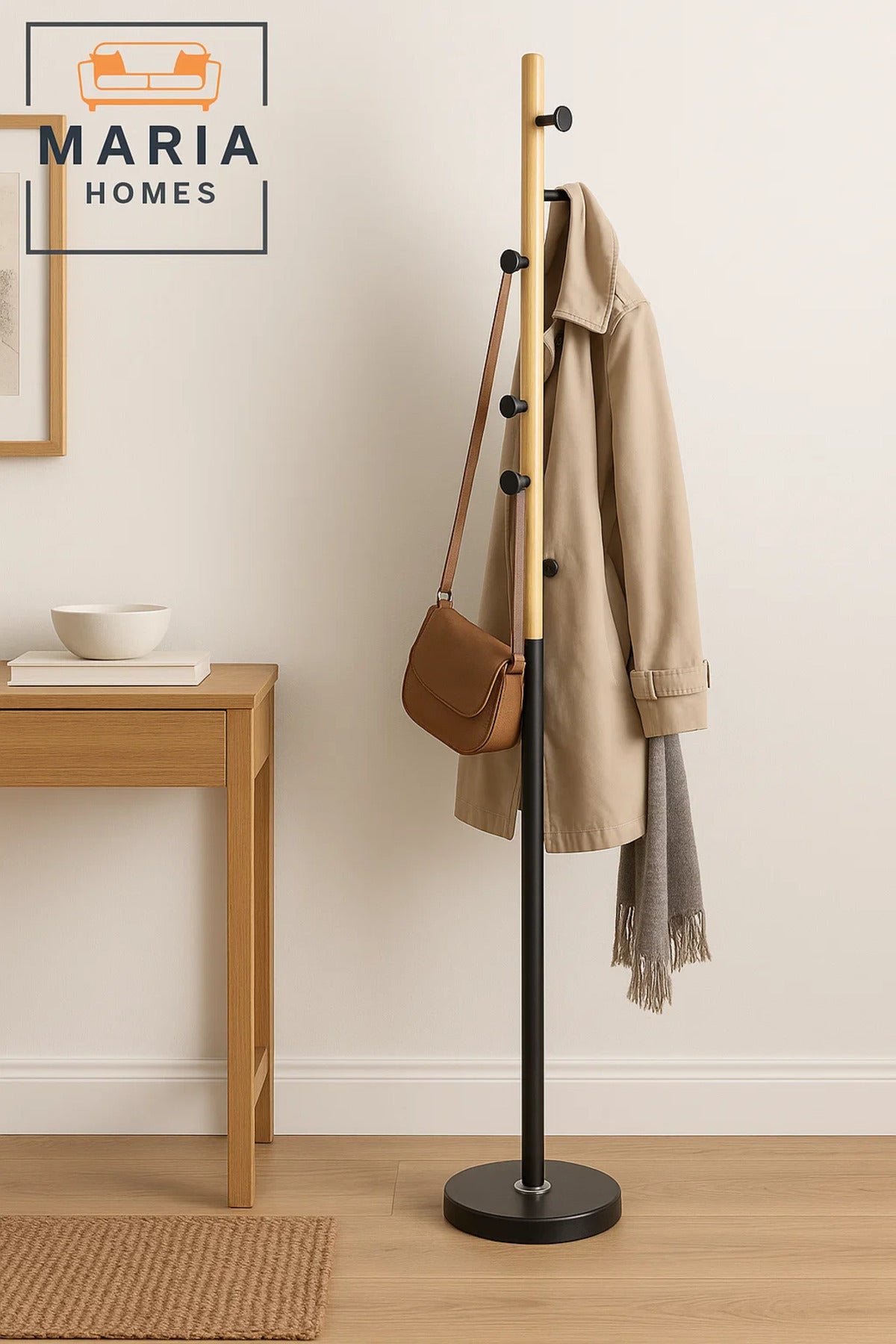 Modern Wood & Black Metal Coat Rack with Side Peg Hooks