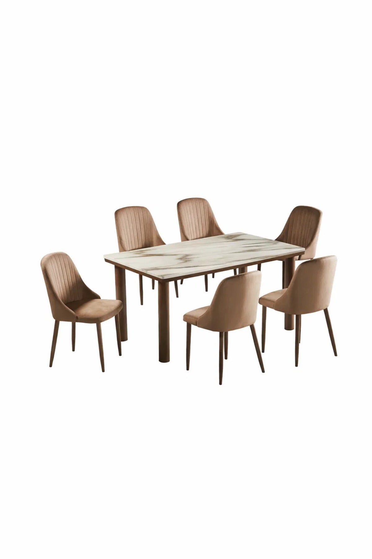 Elegant 6-Person Dining Room Set with Marble Pattern Table and Upholstered Velvet Chairs Brown