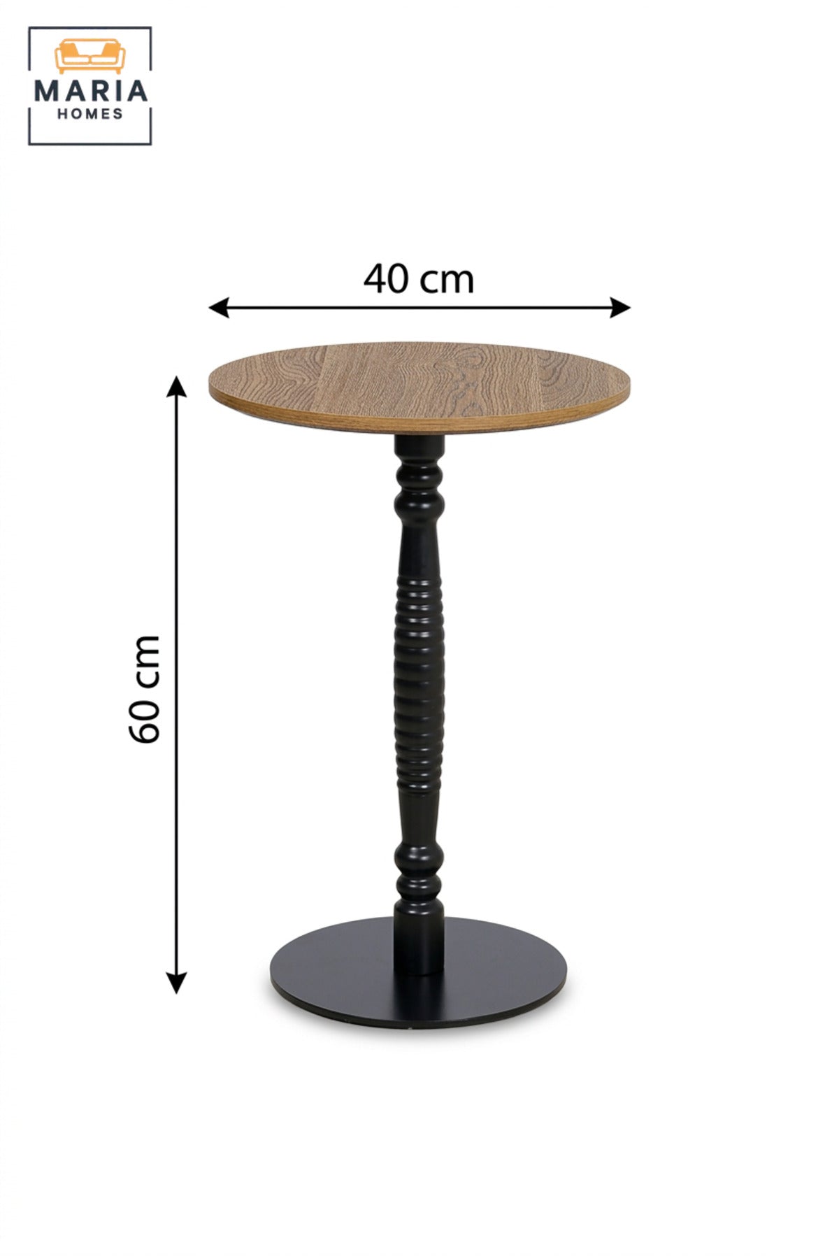 Modern Round Side Table with Natural Wood Top, Decorative Black Pedestal Base, Compact Accent Table for Living Room, Bedroom & Lounge – 40 × 60 cm