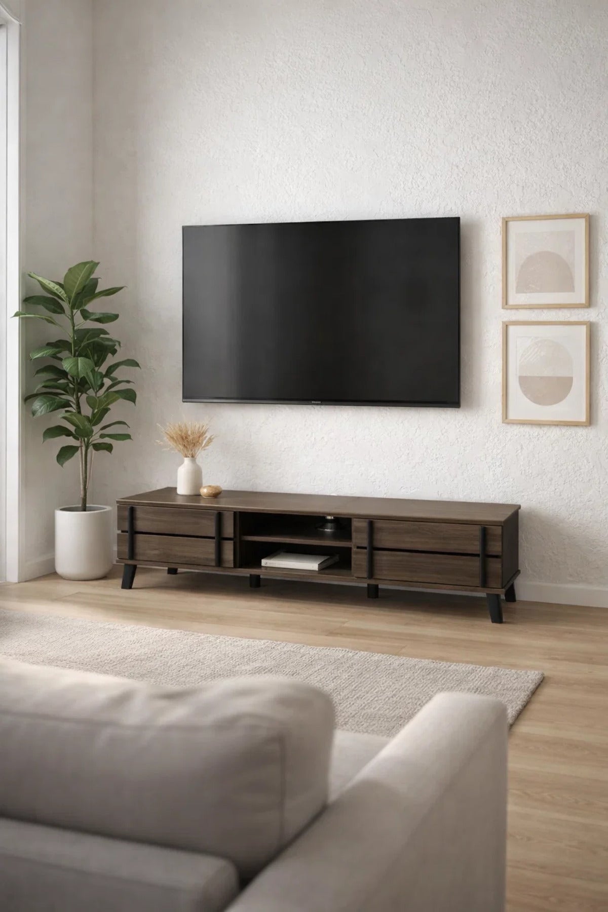 Modern Brown TV Stand with Storage Cabinets and Open Media Shelf