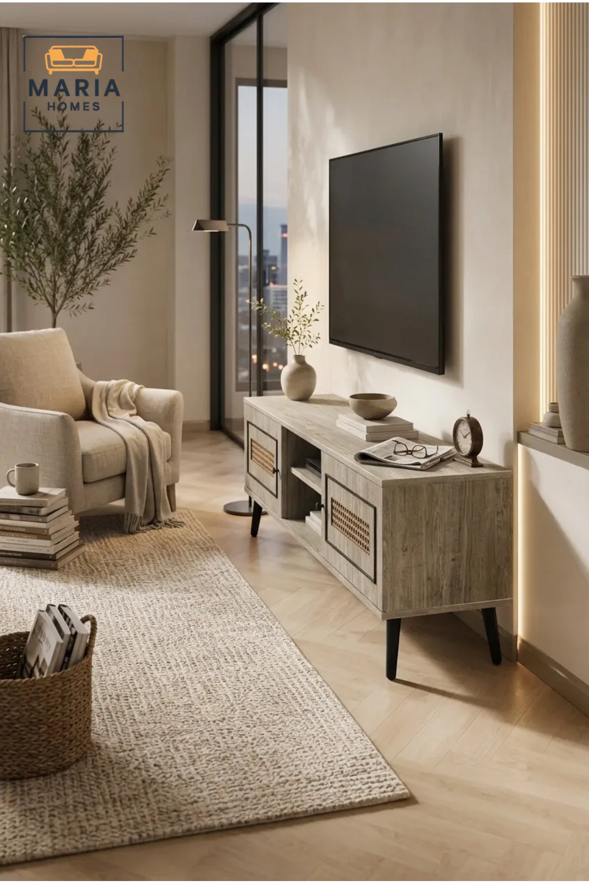 Modern Rattan TV Unit 180 _ 40 _ 45 cm √ê Wooden Entertainment Center with Storage Cabinets and Open Shelves