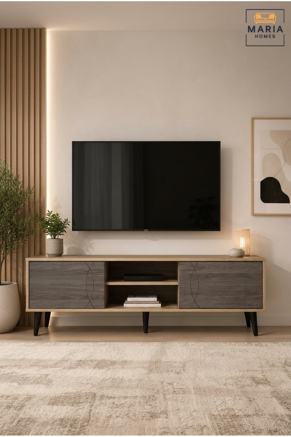 Modern Two-Tone TV Unit with Sliding Doors √ê Wooden Entertainment Console Cabinet